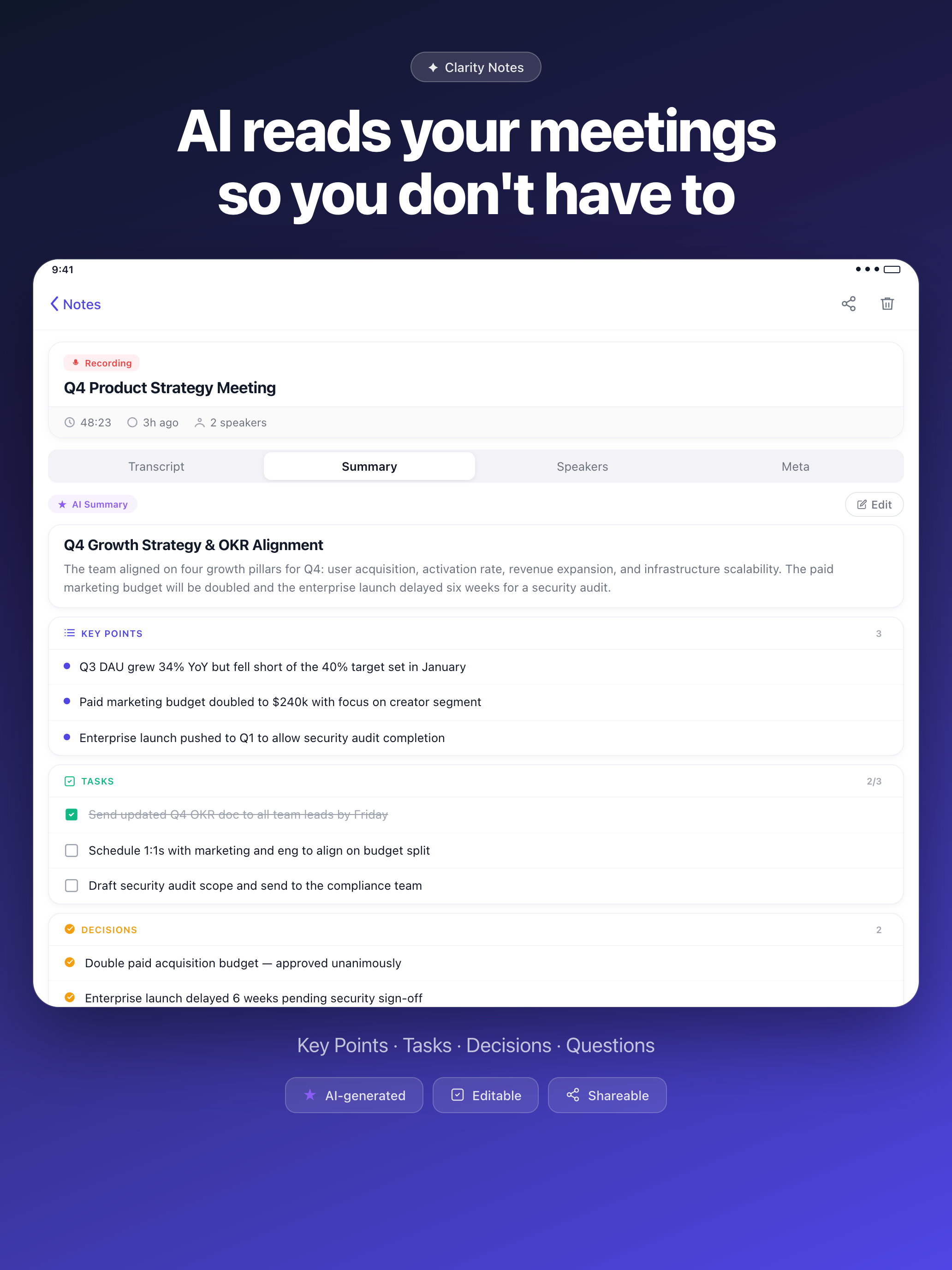 Clarity Notes AI summary view with key points, tasks, decisions, and questions